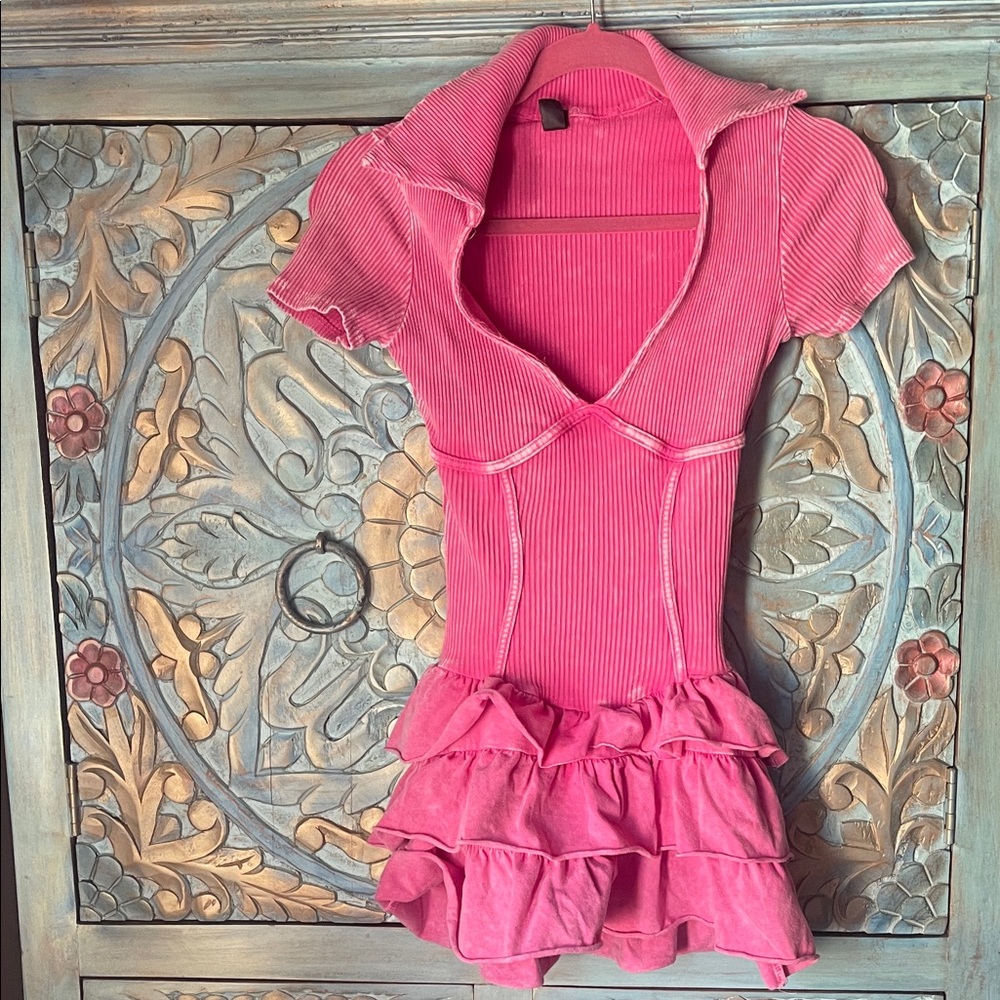 Pink Ribbed Mini romper Dress with Ruffle Skirt - Picture 2 of 9